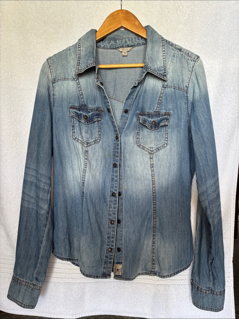 Guess Lightweight Light Blue Washed Denim Button-Down Shirt